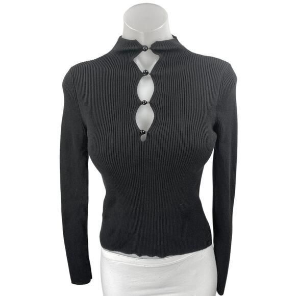 MNG Mango Women's Black Long Sleeve RIb Knit Cutout Mock Neck Sweater Top Size S - Picture 1 of 3